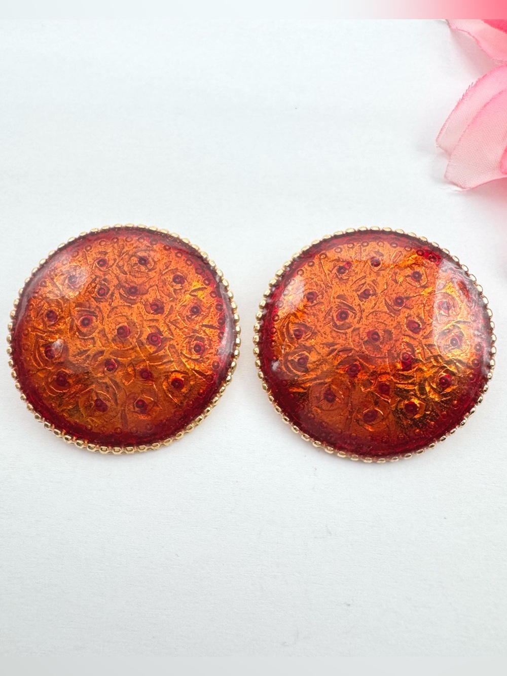 Huge Vintage Original By Robert Bronze Guilloche Enamel Shield Earrings Pierced